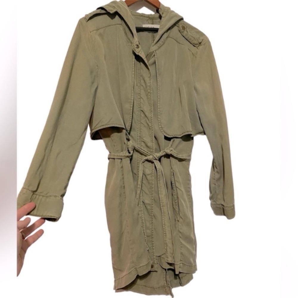 Pistola green long zip up jacket with hood and matching belt. Size M